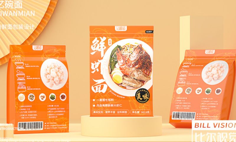 亿碗面鲜虾面-食品面食包装袋高端简洁包装设计