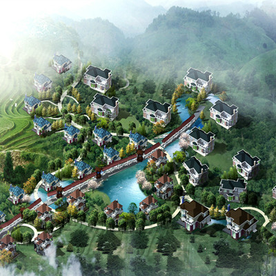 鸟瞰图效果图制作建筑园林景观绿化效果图设计别墅庭院大门设计